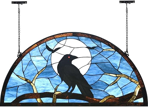 Bieye W10098 - Panel de ventana estilo Tiffany con cuervo sentado en rama de árbol desnuda contra escena de luna llena para decoración de Halloween