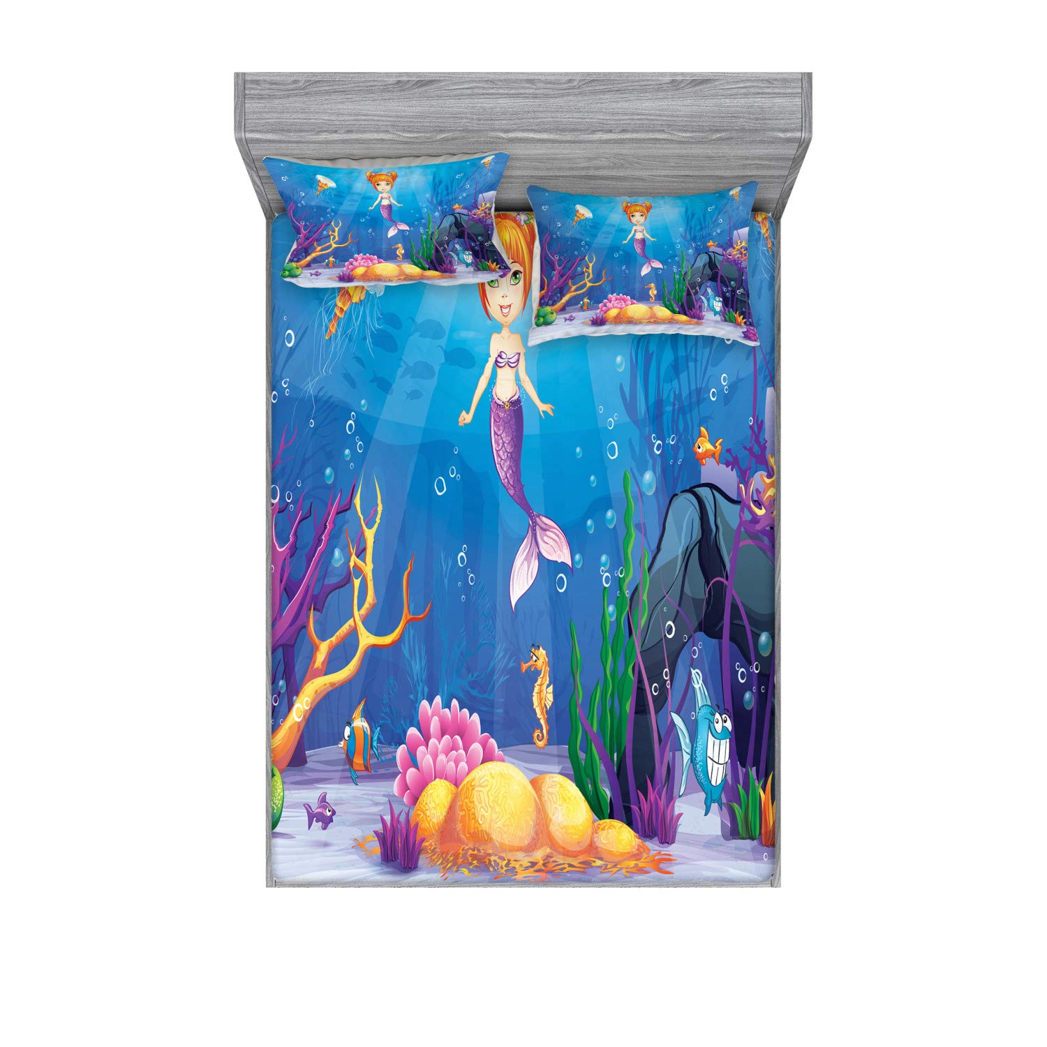 Ambesonne Mermaid Fitted Sheet & Pillow Sham Set, Underwater World Little Girl and Different Type of Fish Artwork, Decorative Printed 3 Piece Bedding Decor Set, Queen, Ocean Blue