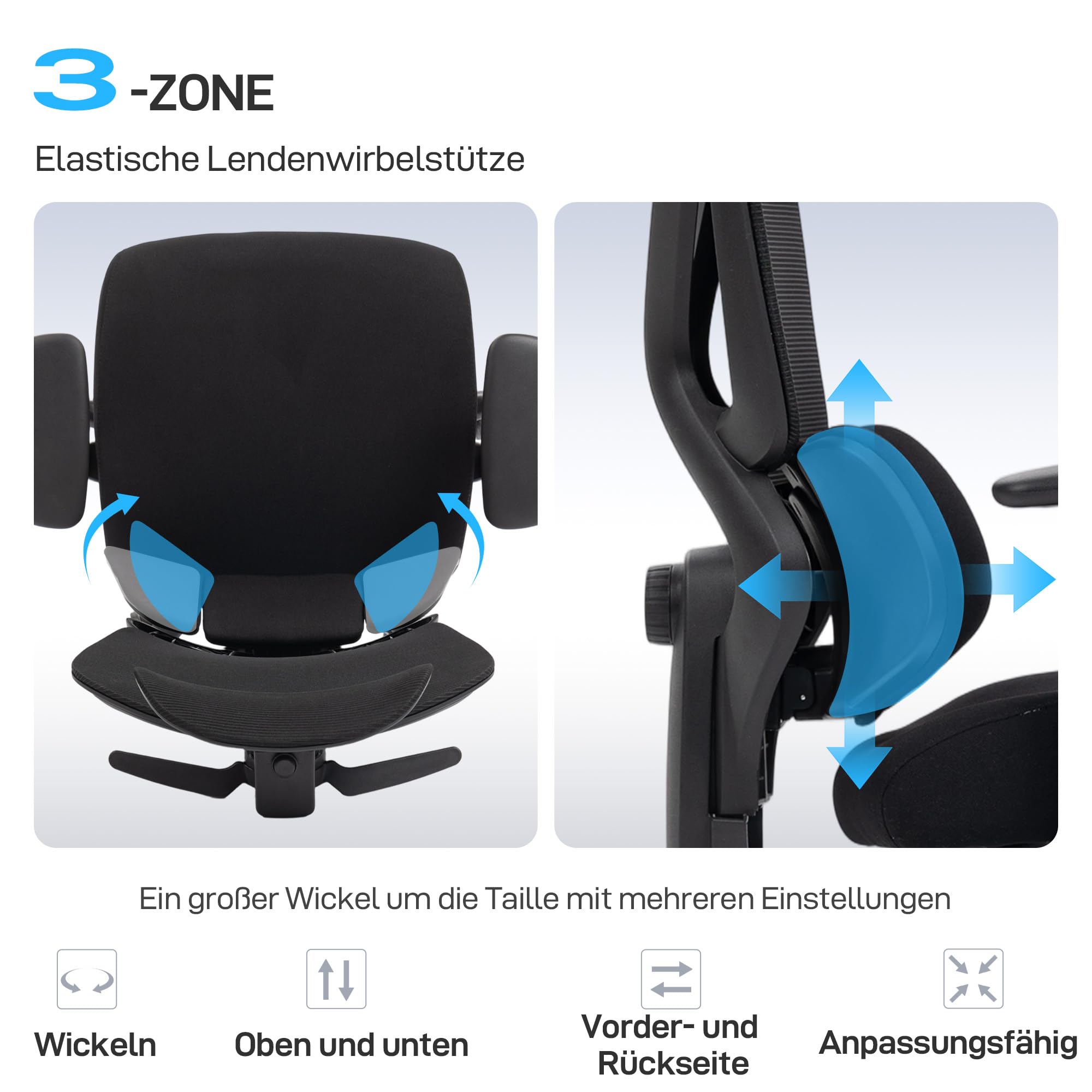 HOMCOM Bürostuhl mit 3D Einstellbarer Armlehne Lendenstütze, Schwarz | Ergonomischer Schreibtischstuhl, Kopfstütze, Höhenverstellbarer Computerstuhl, Drehstuhl mit Wippfunktion, Netz
