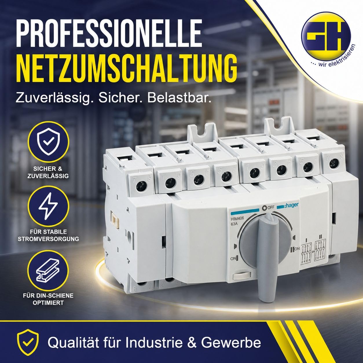 HAGER HIM406 Lastumschalter 63A 4-polig 3P+N für Hutschiene 35mm, Umschalter mit Sicherheitstrennung I-0-II, Lasttrennschalter 400V AC 41kW nach DIN EN 60947-3, 8TE Modulgerät