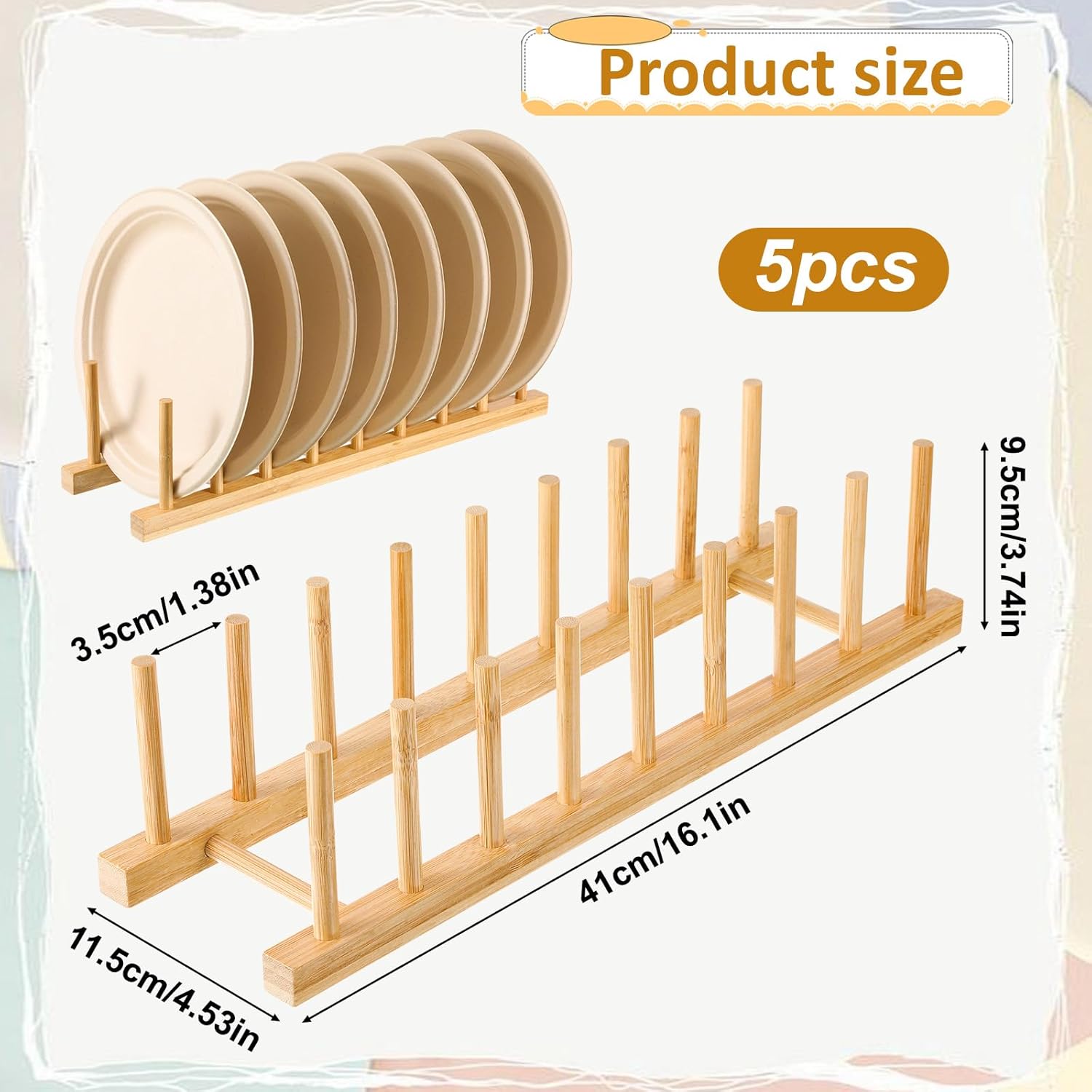 5 Pcs Bamboo Dish Racks, 8 Slots, Vertical Drainer, Plate Drying Stand Holder, Kitchen Cabinet Organizer for Dish, Pot Lids, Plates, Cups, and Cutting Boards and Books