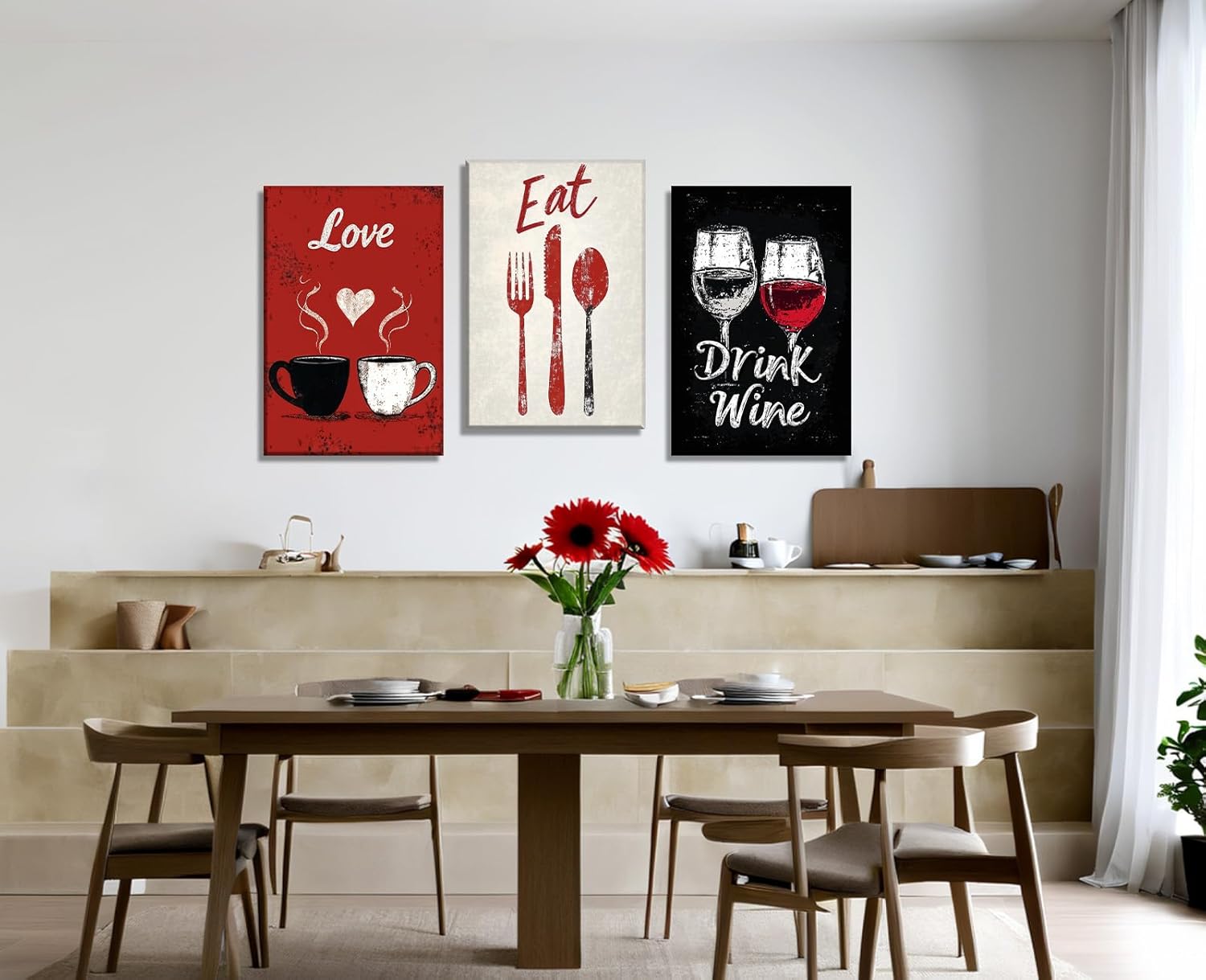 3 Pcs Kitchen Canvas Art Love Eat Drink Picture Wall Decor Framed Fork Knife Coffee Wine Painting Black and Red Prints Dining Room Restaurant Bar Ready to Hang(Kitchen-10,11.00"x14.00"x3P)