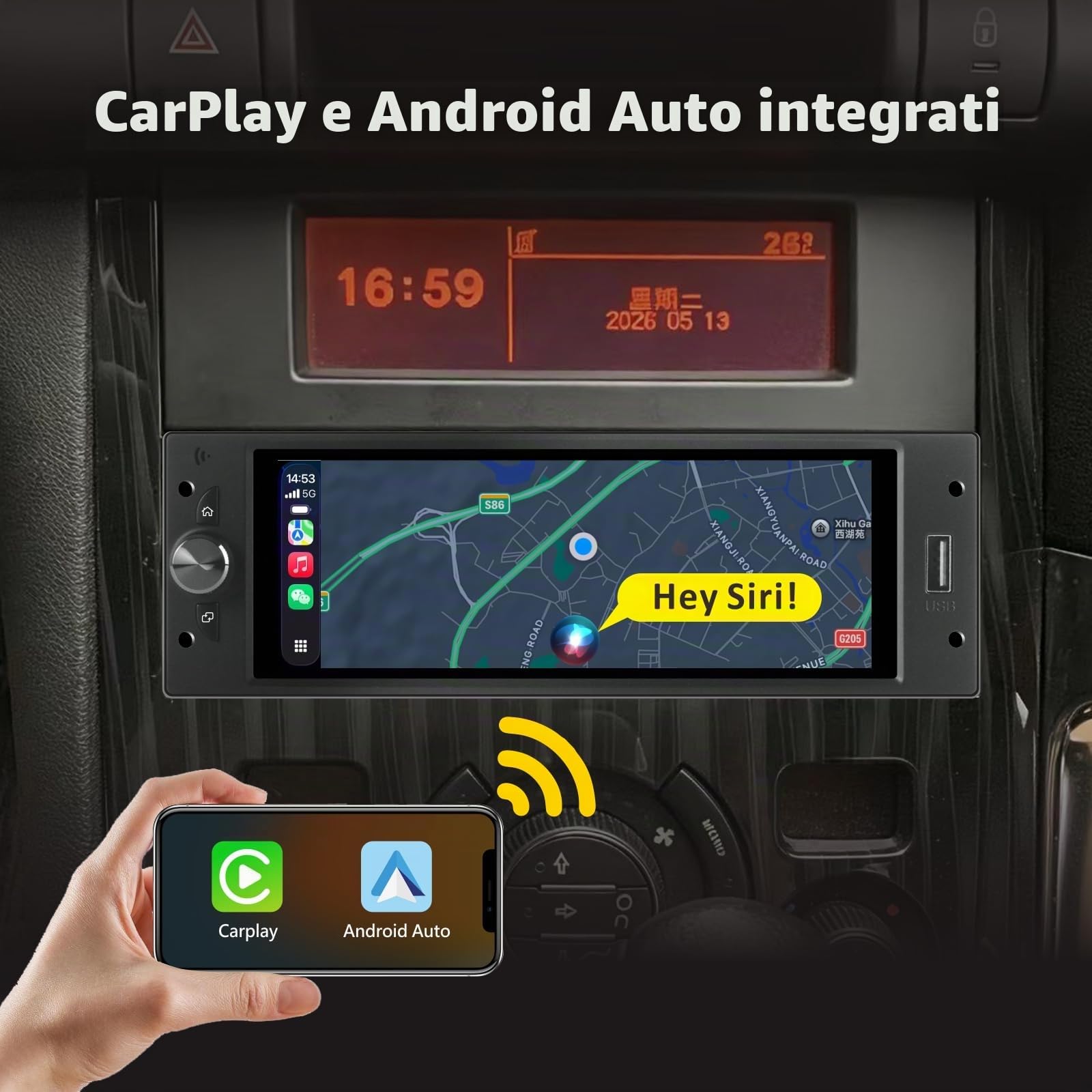 Singolo DIN Autoradio Linux per Peugeot 206 207 308 3008 Citroën C2 C3 C4 Picasso con CarPlay Wireless e Android Auto, avvio in 2 secondi, comandi fisici tramite manopola, installazione Plug Play