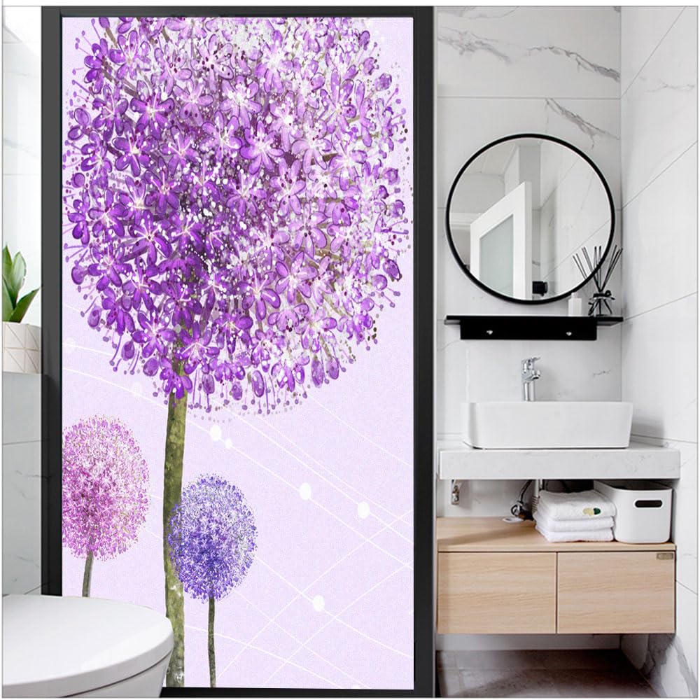 Privacy Window Film Anti UV Blocking Heat Control Static Cling Purple Dandelion Frosted Glass Window Decoration W23.6 x H78.74(60x200cm)