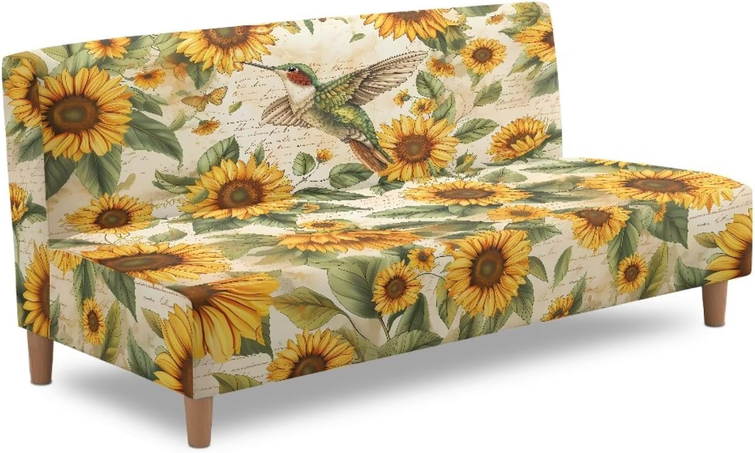 Sunflower Hummingbird Futon Slipcover Armless Folding Sofa Cover Stretch Elastic Couch Furniture Protector for 3 Seat Foldable Futon Sofa Bed Without Armrests