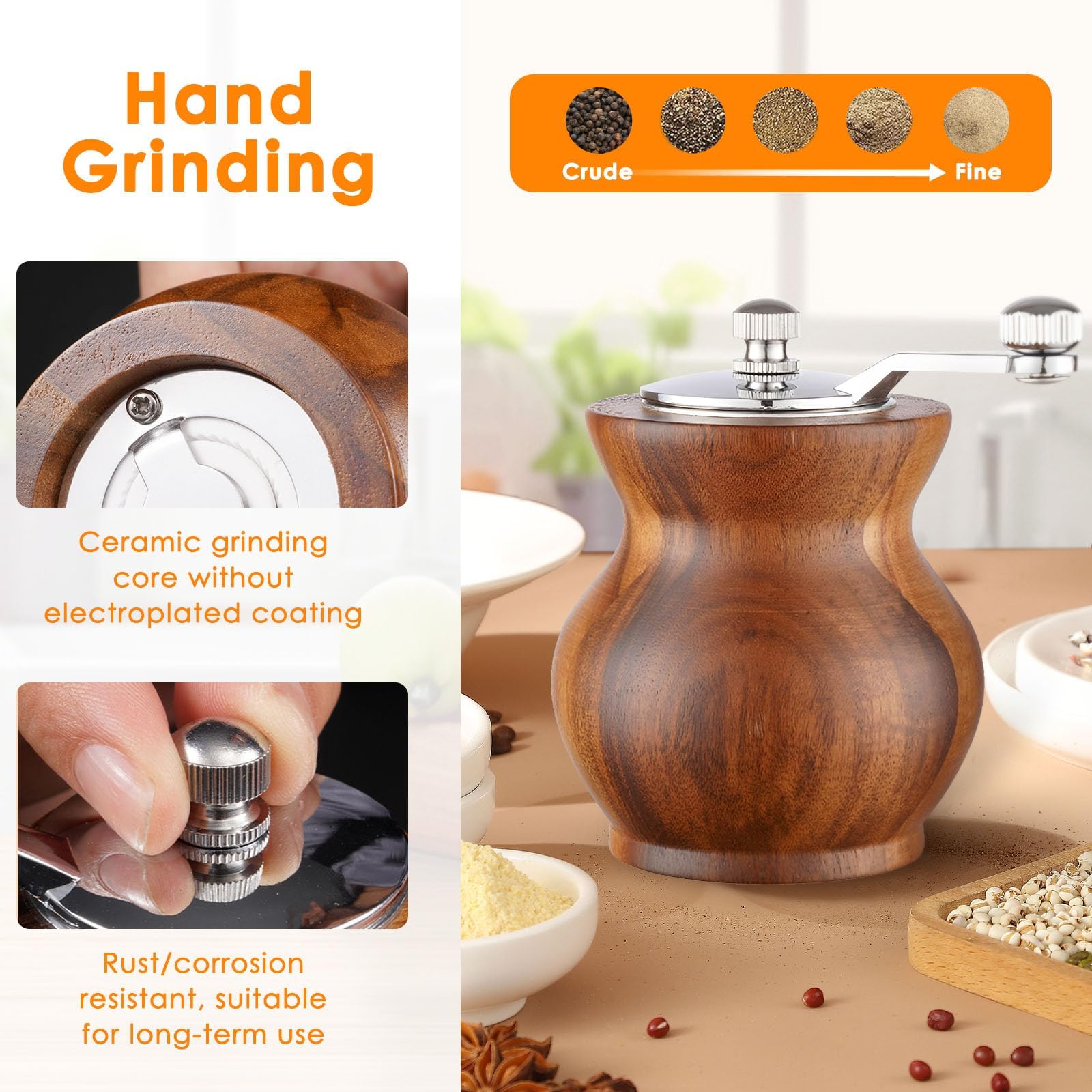 Molinillo de pimienta, molinillo de pimienta de madera clásico para cocina, molinillo de pimienta manual de madera y acrílico, molinillo de sal de manivela con grosor ajustable, ideal para 2