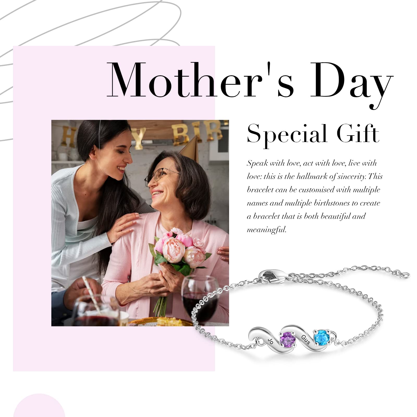 kaululu Bracciale Donna Personalizzato Ciondolo Infinito Coppia Cuore Foto Bracciale Catena Regolabile Simulato Birthstone Inciso Nome Bracciali per Madre Figlia BFF Regali commemorativi (Oro 2)