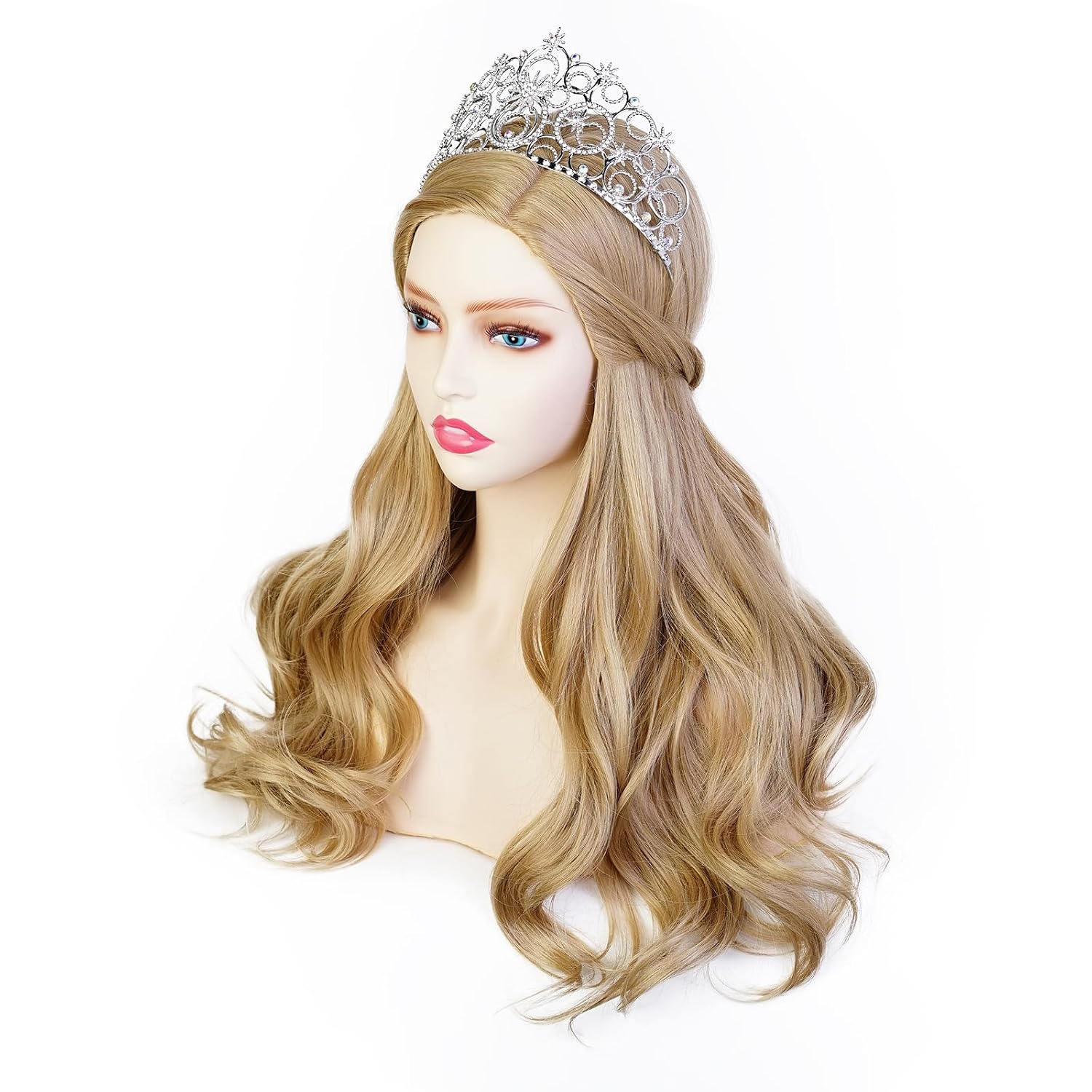 MORTICIA 28inch Princess Long Wave Natural Platinum Blonde Wig with Crown for Women Halloween Cosplay Costume (with Crown)
