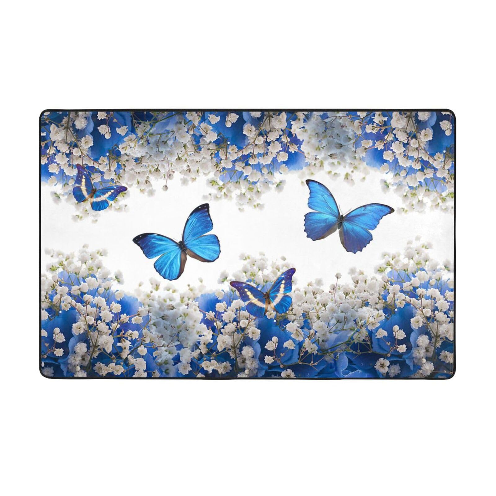 Tapis de salon lavable motif papillons bleus pour insuffler douceur et poésie chez vous