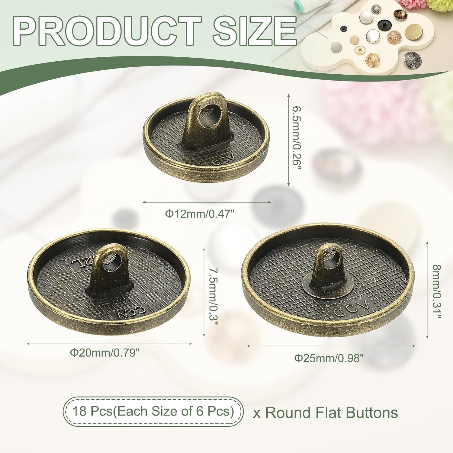 Metal Round Flat Buttons, Alloy Shank Round Shaped Sewing Buttons - Fitting for (Men - Women - Coat - Shirt - Suit - Trousers - Sewing Crafts) 15/20/25 mm & 18 Pack & Bronze Tone image 2