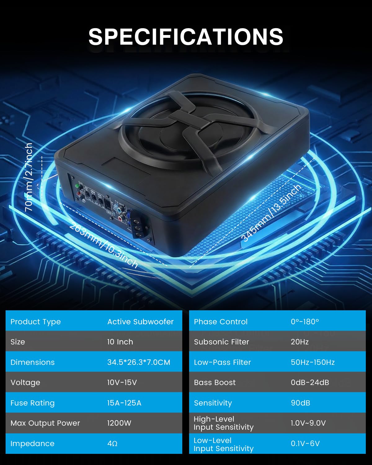 Subwoofer attivo per auto, si adatta sotto i sedili, potenza massima 1200 W, 10 pollici, con illuminazione ambientale, modulo amplificatore integrato, subwoofer compatto e potente.