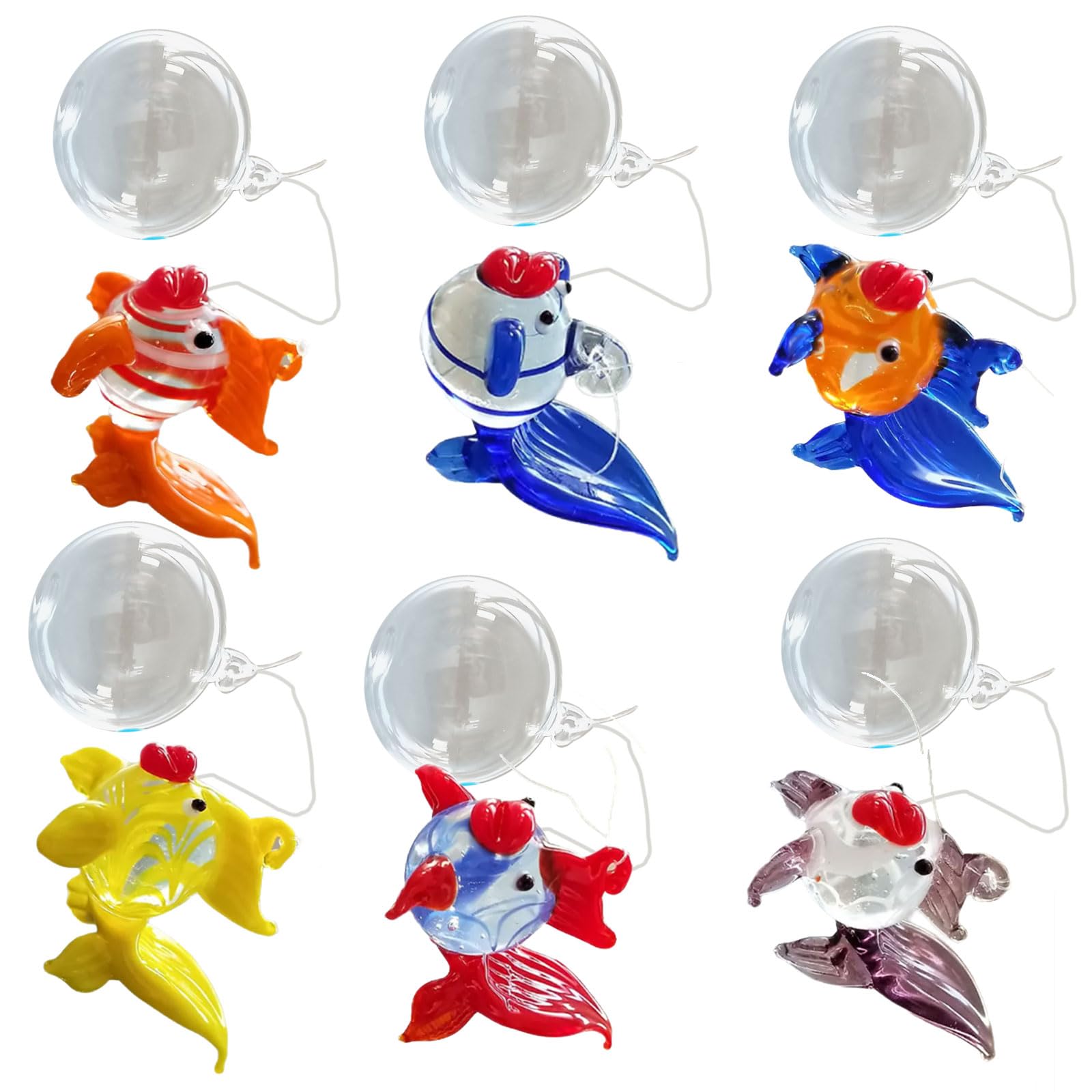 Alksubbm (6Pieces) Colorful Glass Floating Fish Decors Aquarium Float Decoration Handcraft Bubble Designs for Home Decors Glass Floating