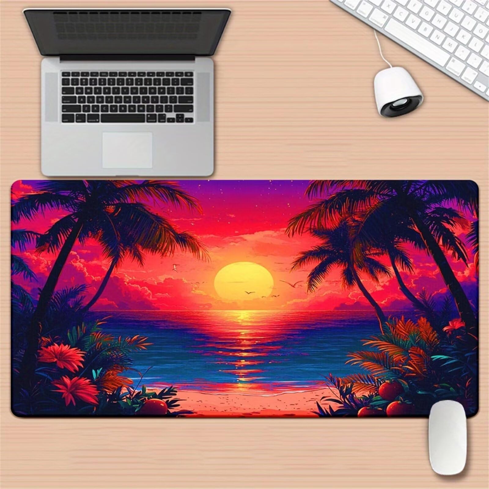 Alfombrilla de Ratón Gaming XXL 1000x500x2mm - Plantas Tropicales Atardecer - Alfombrilla Escritorio Grande con Base Antideslizante y Bordes Cosidos para PC, Oficina