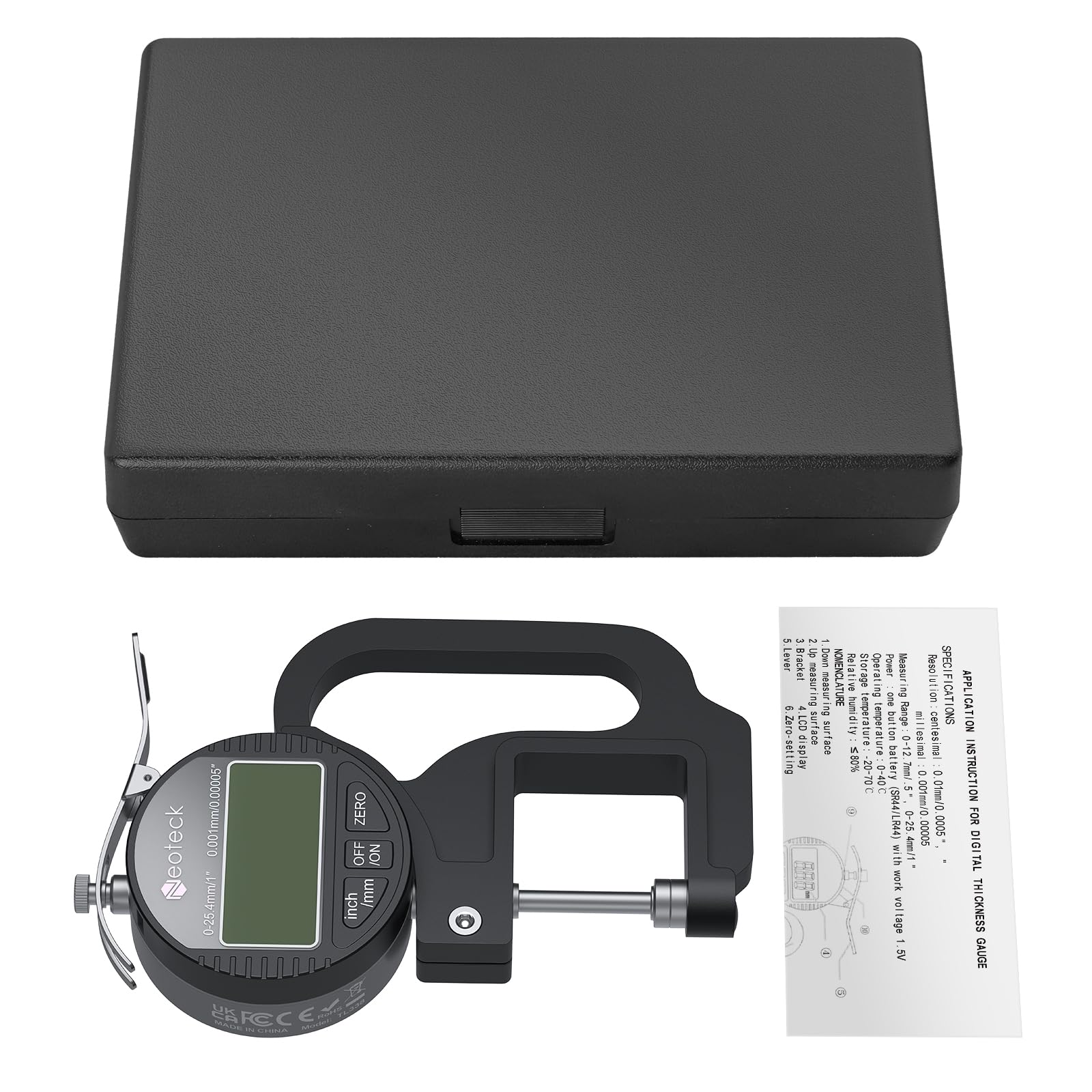 Neoteck Medidor de Espesor Digital 0-25.4mm Medidor de Grosor Portátil 0.001/0.00005'' Calibrador de Grosor con Conversión de Pulgadas/Métrica y Apagado Automático para Cuero Papel Telas Cable-Negro