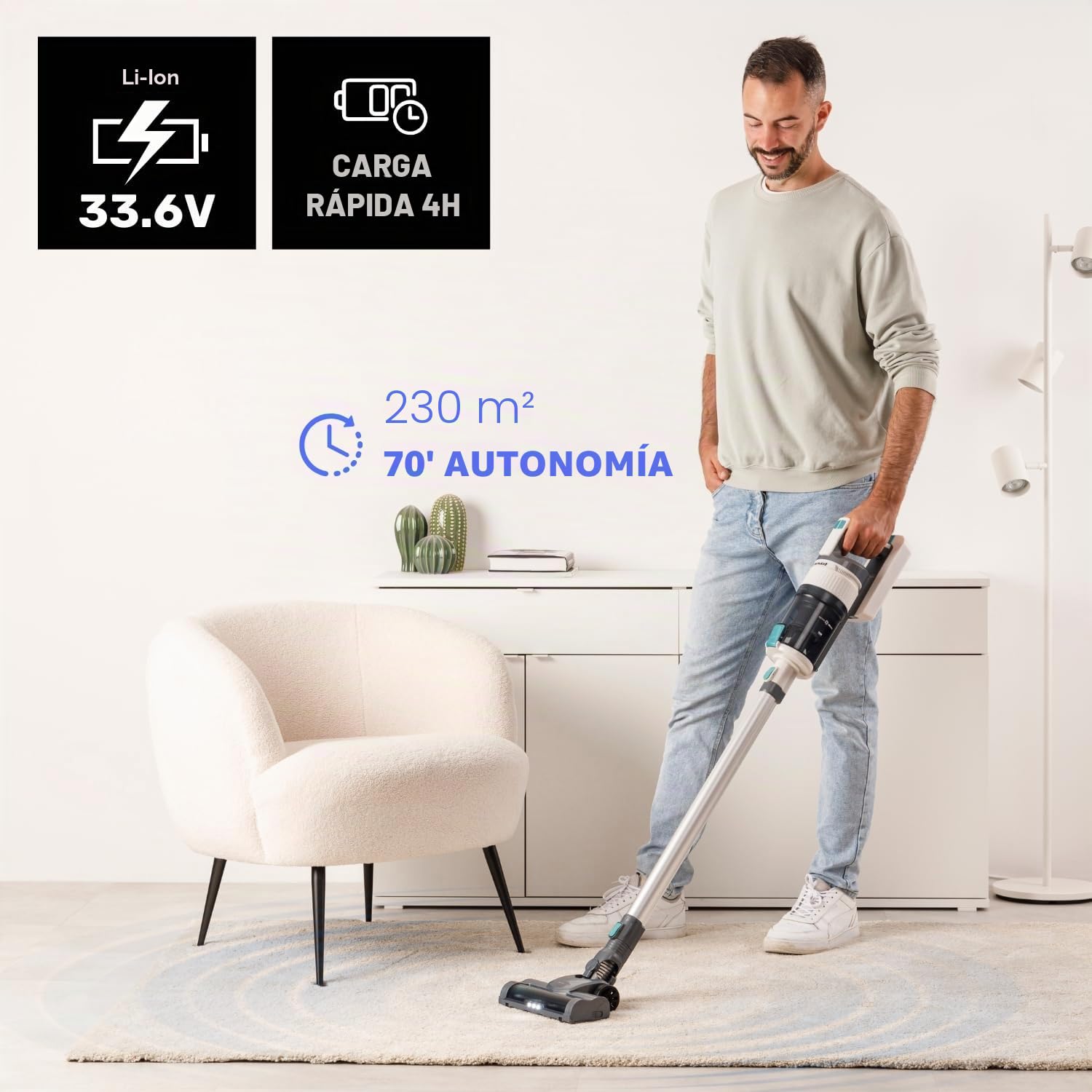 Taurus – Aspirador Sin Cable Nimbus Pure | Potente Succión | Autonomía 70 min | Todo Tipo de Superficies | Ultraligero | Filtro HEPA | 2 cepillos | Luz LED | Eco/Turbo | Accesorios