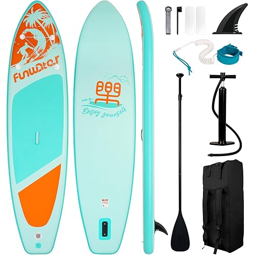 FunWater Inflatable Ultra-Light Stand Up Paddle Board with Stand Up Paddle Board, Adj Floating Paddles, Pump, SUP Travel Backpack, Leash, Strap, Touring for All Levels