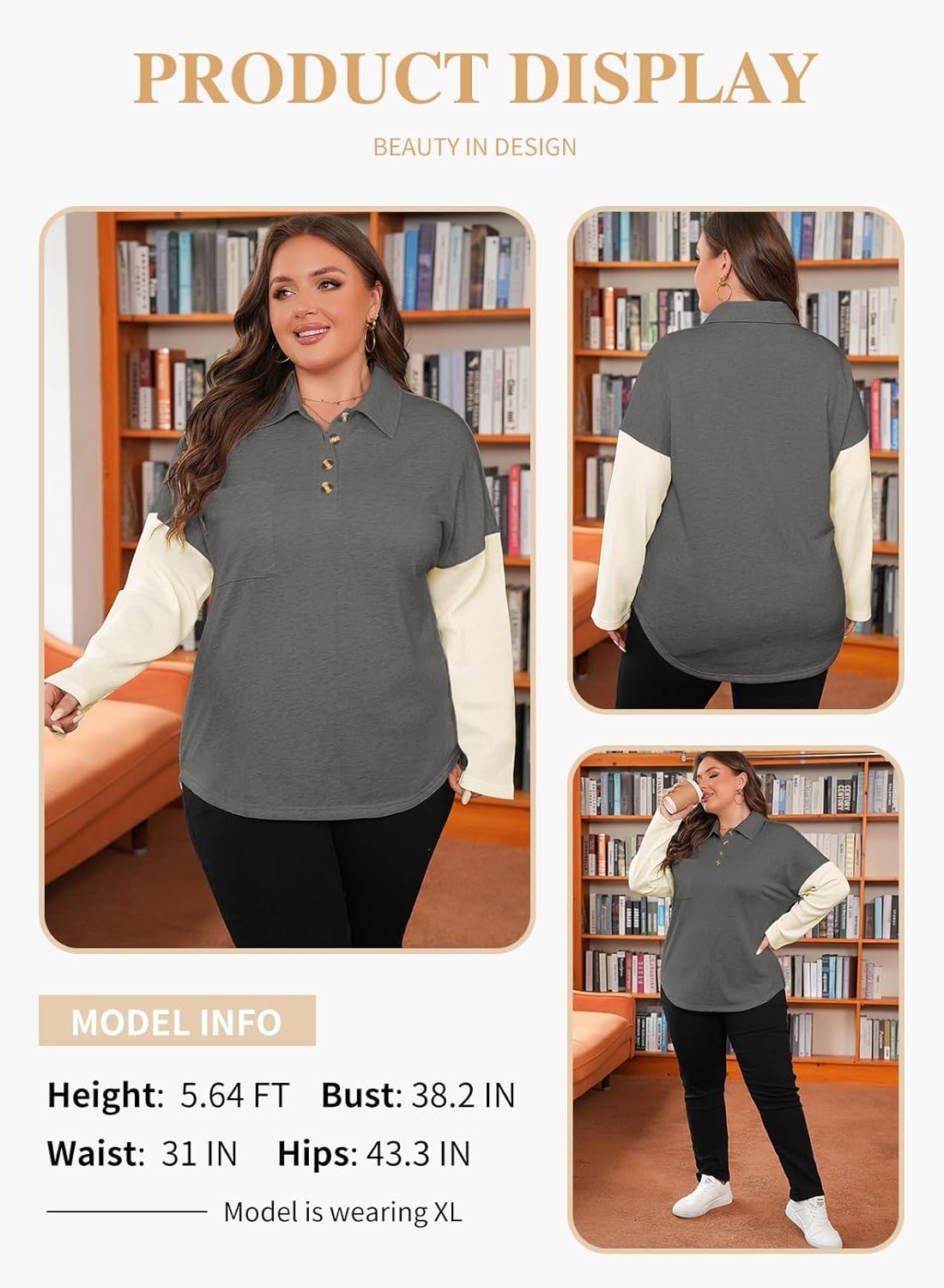 Eytino Plus Size Sweatshirts for Women Button V Neck Long Sleeve Waffle Patchwork Oversized Pullover Shirts Tops(1X-5X) - Image 3