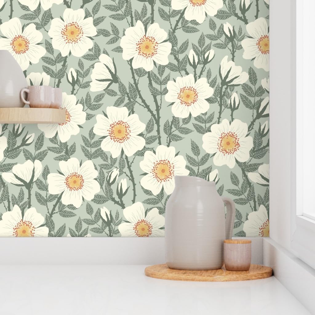 Peel & Stick Wallpaper 3ft x 2ft - Wild Roses Sage Green Vintage Floral Jade Neutral Custom Removable Wallpaper by Spoonflower