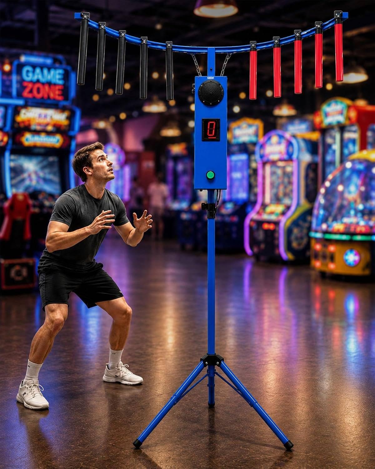 Macchina da Gioco con Bastoncini Cadenti, Gioco di Reazione Blue | 5 Velocità, 6 Livelli, Luci Colorate, Musica Mp3, Conto Alla Rovescia in Tempo Reale; Altezza Regolabile Da 0,9 a 2 M