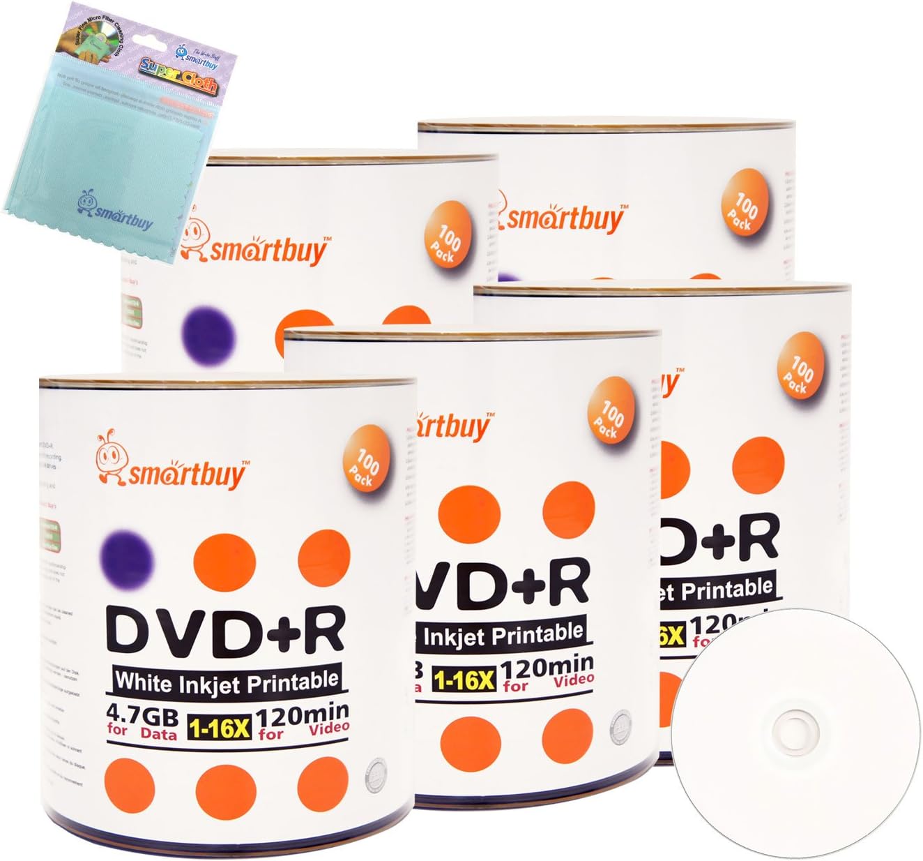 Smartbuy 500-disc 4.7GB/120min 16x DVD+R White Inkjet Hub Printable Blank Media Disc + Free Micro Fiber Cloth