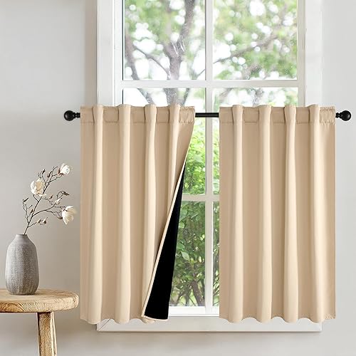 Miniatura 9 de PONY DANCE Cortinas de cocina 100% opacas cortas de 45 pulgadas de largo, cortinas de café con aislamiento térmico para ventanas con parte trasera