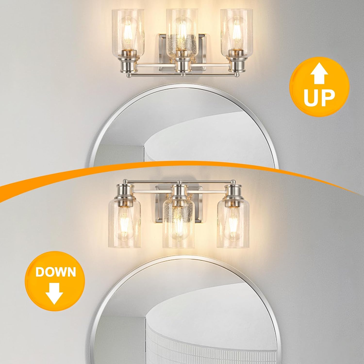 3-Lights Bathroom Vanity Light, Brushed Nickel Bathroom Light Fixtures Over Mirror with Seeded Glass Shades for Living Room Bedroom Hallway