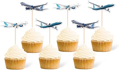 Miniatura 5 de Gexolenu 24 piezas de adornos azules para cupcakes de avión con purpurina de doble cara para decoración de baby shower, boda, aniversario,