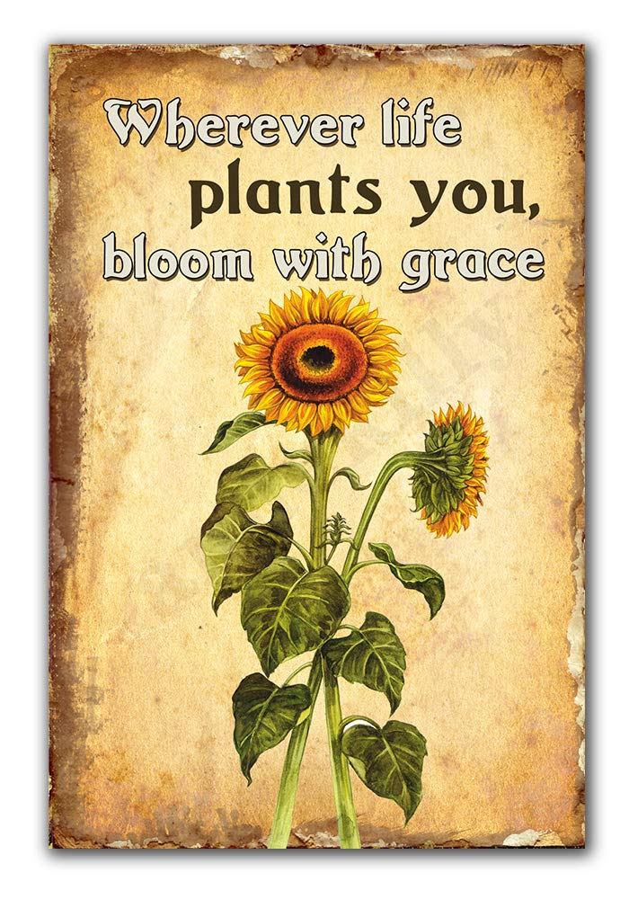 peiyeety 8x12 inches Sunflower Signs Wherever Life Plants You,Bloom with Grace Sunflowers Retro Vintage Metal Tin Sign Home Kitchen Bedroom Hotel Restaurant Wall Art Decor Signs