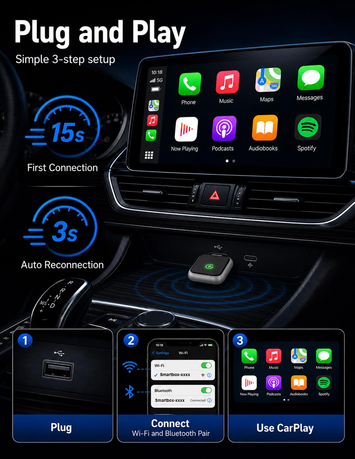 BOZIZI Adattatore Wireless CarPlay USB per iPhone, Bluetooth 5.3 e Wi-Fi 6, connessione automatica e zero-delay, adattatore wireless Android per sistemi Android e iOS (grigio chiaro)