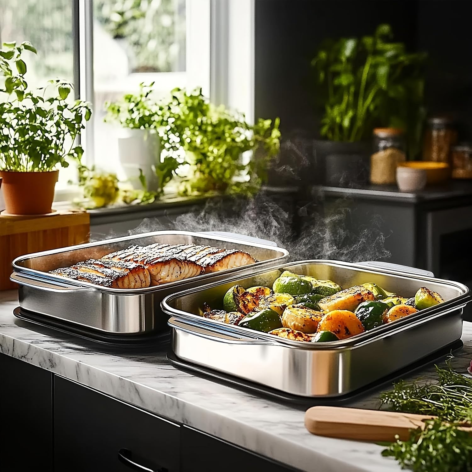 2pcs Non-Stick Roasting Pan with Lid & Wooden shovel, Professional Large Heavy Duty Stainless Steel Baking Pans, 3.15" Deep Dish for 5-Layer Lasagna, Multi-Scenario Stainless Steel Cake Pan
