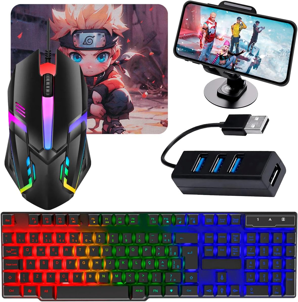 Kit Mobilador Para Celular Gamer Teclado Led Rgb + Mouse Gamer 1600dpi + Suporte Celular + Conectores (TIPO C)
