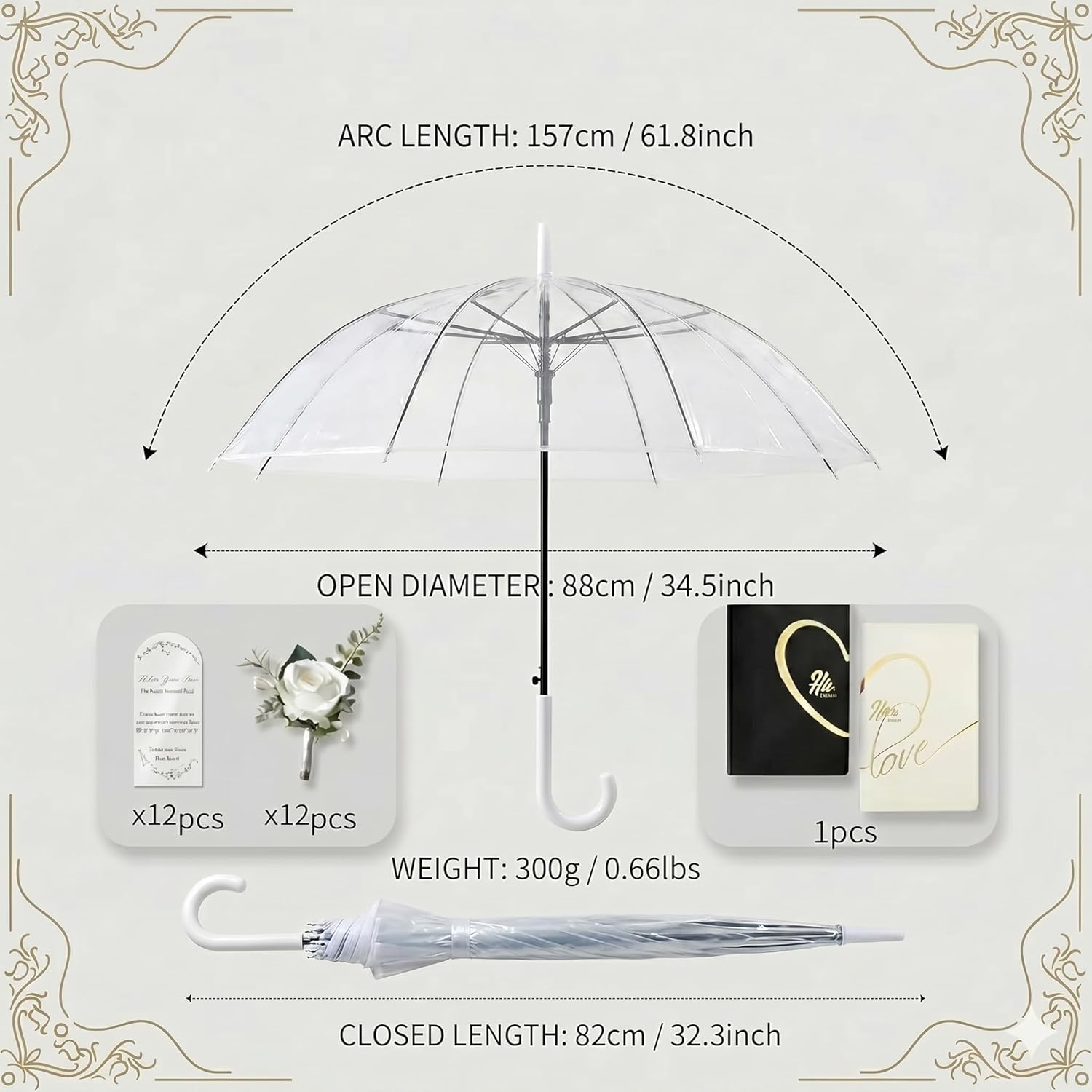 61.8 Inch Arc Large Clear Bubble Umbrella for Wedding & Daily Use, Transparent Dome Windproof Rainproof Stick Umbrella with J-Handle – Elegant Photo Prop for 1-2 People