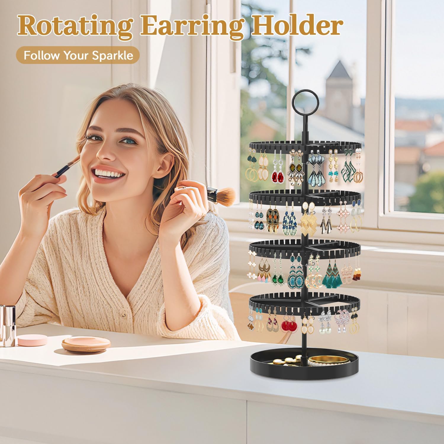 modowey 4 tier rotating earring holder organizer display tree with metal tray, adjustable plastic stand with 228 slots for stud hoop hanger, large capacity storage rack for women space saving, black jet black 4-6 tier