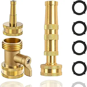 Heavy-Duty Brass Hose Nozzle 3-Piece Set with Adjustable Spray and Valve Control