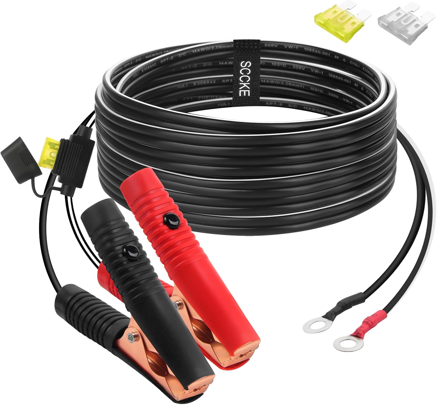 10ft / 3.05m 14 AWG Extension Cord Eyelet Terminal with Battery Clamp 12V/ 24V Battery Clip-On For High-power inverter,boat,RV battery,air pump,car fridge,car cooler,cart fan and other device