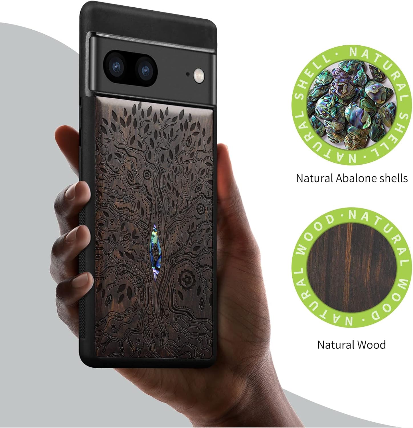 Carveit Designer Wooden Case for Google Pixel 7 Case Protective Cover [Wood Engraving & Shell Inlay] Unique Wood Cover Compatible with Wireless Chargers Pixel 7 (Tree of Life-Blackwood)