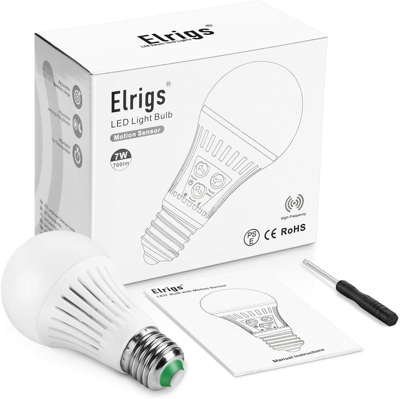 Motion Sensor Light Bulb with Dusk to Dawn, E26 Base, 7W LED(60W Equivalent), Cool White(6000K), Motion Sensitivity, Time and Twilight Setting Adjustable, 2-Pack