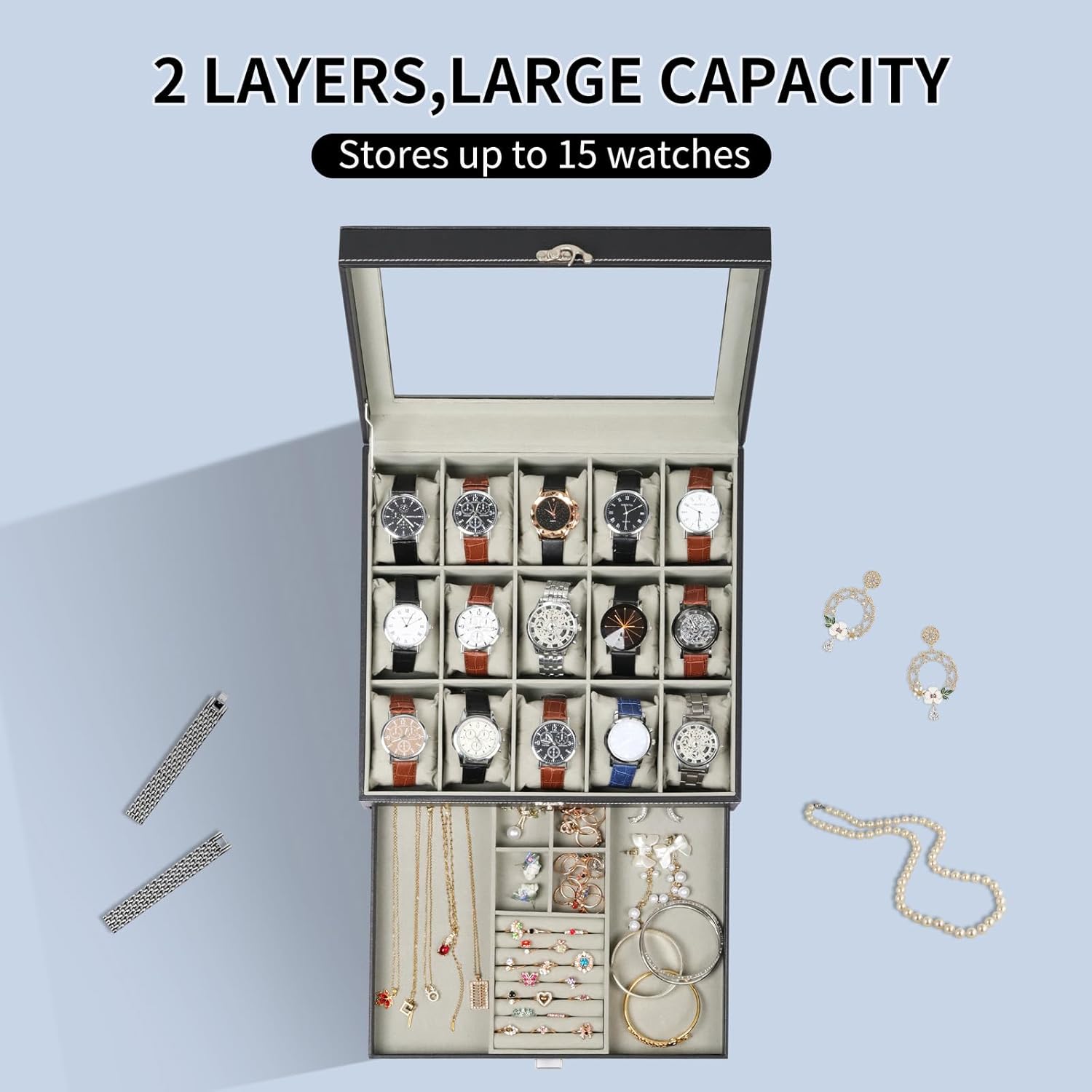 AUTOARK Premium 2-Layer Watch Box Organizer with Lock,Holds 15 Watches + Jewelry,Drawer for Rings Earrings Bracelets,Large Glass Lid,Soft PU Leather,Gift for Men Women,Black,MKAW-137