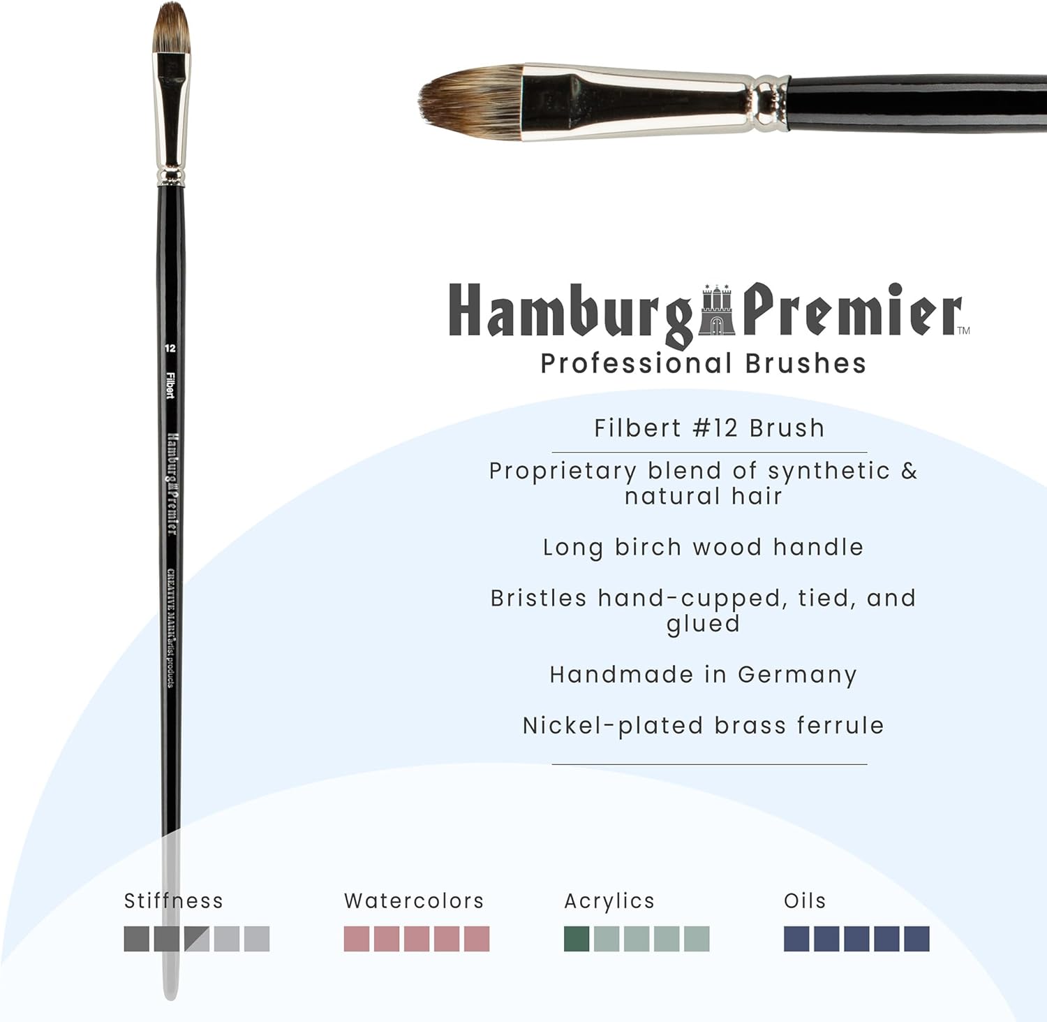 Creative Mark Hamburg Premiere Professional Oil Painting Brushes - Filbert #12 Oil Paint Brush - Handmade in Germany, Natural & Synthetic Hair Blend, Long Triple-Lacquered Birch Handle