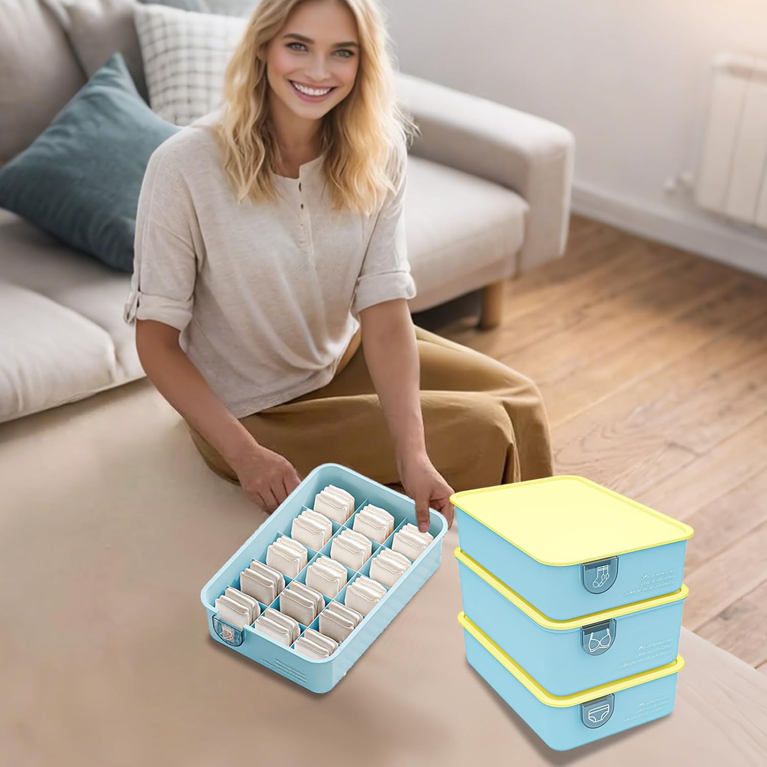 Underwear Organizer, Storage Divider, Multifunctional, Instant Stain Removal, Dustproof Underwear Drawer Organizer Set for Baby Clothes, Socks, Bras, Jewelry, Ties, Scarves, 31x21.5x10.5cm