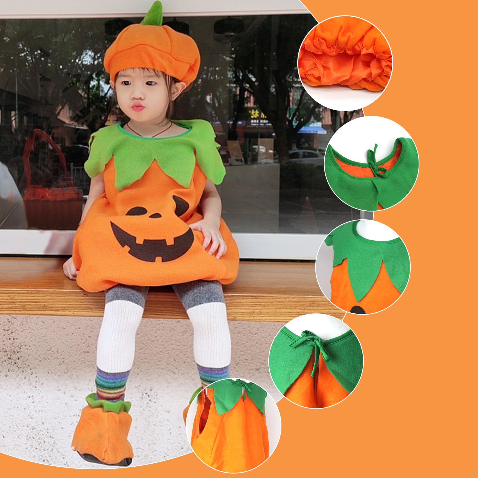 Celebration Directre Halloween Pumpkin Costume for Kids Pumpkin Outfits Cosplay Festival Fancy Dress Pumpkin Outfit with Pumpkin Hat Candy Bag Shoes for Baby Boys Girls (S) - Image 3