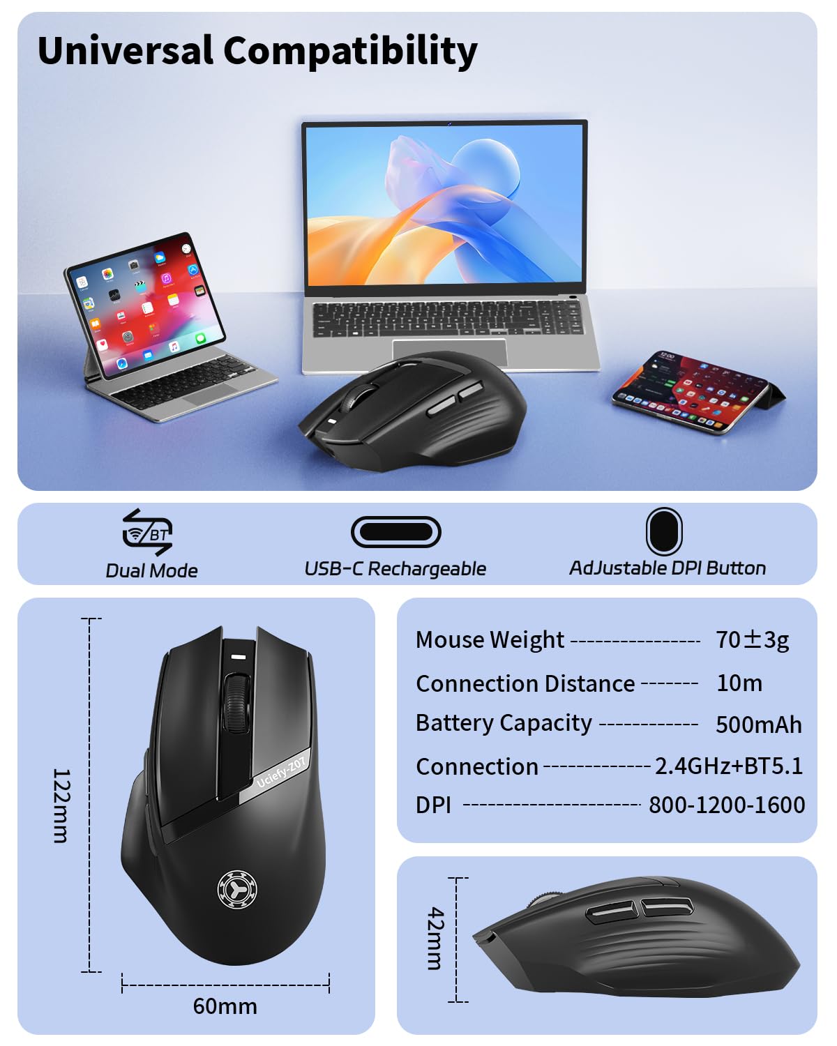 Uciefy Z07 - Ratón inalámbrico Bluetooth, modo dual (2.4G + BT5.1), mouse Bluetooth, mouse recargable USB C con indicador de carga, mouse ergonómico para computadora portátil/PC/Mac/iPad-negro