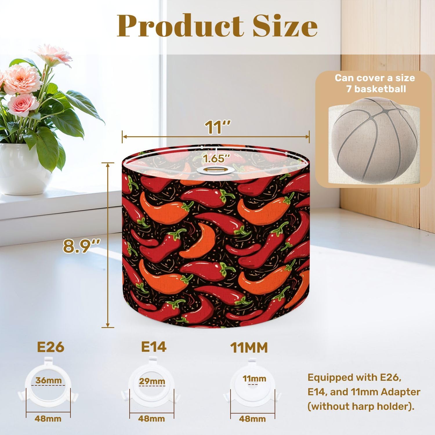 Lamp Shade Chili Seamless Hand drawn Spicy mexican pepper vegetable Drum Lamp Shades for Table Lamps Floor Lamps Pendant Light 8.9"x11"x11" Replacement Lampshade Large Linen Lampshades