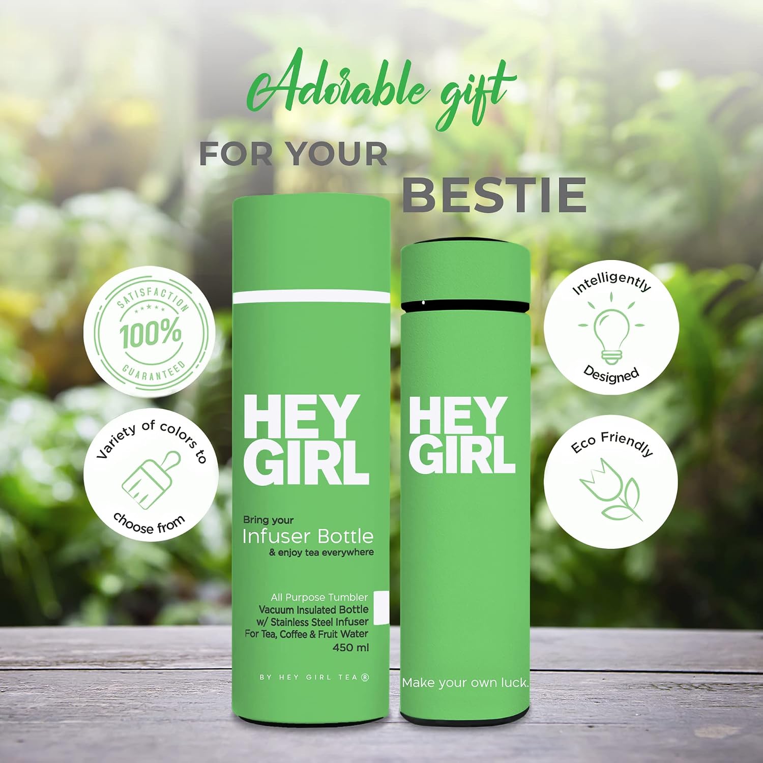 Hey Girl Tea Infuser Bottle 450ml - Insulated Stainless Steel Water Bottle - Tea Tumbler with Tea Diffuser - Portable Travel Mug for Loose Leaf Tea & Infused Water - Tea Lovers Gifts for Women image 3