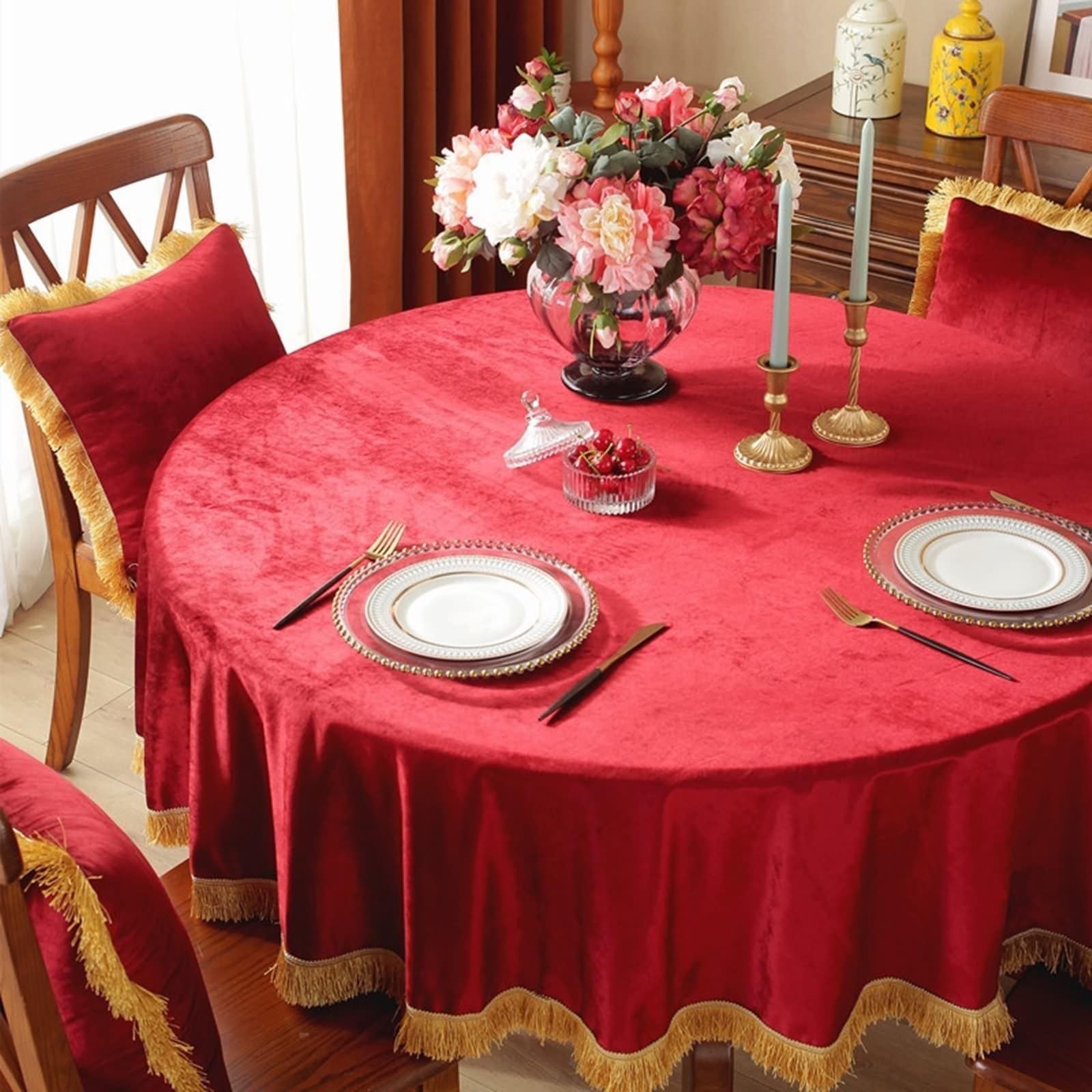Tischtuch Rund 160 cm, Tischdecke Abwaschbar Polyester 2-4 Personen Einfarbiges Rot mit Quasten Tischdecke für Couchtisch