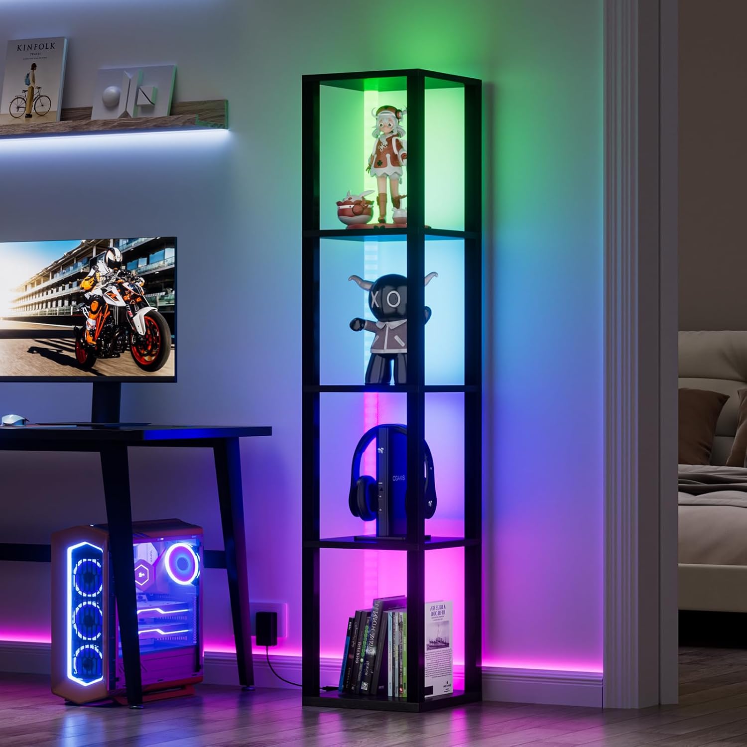 Corner Shelf with Light 5 Tier Tall Standing Shelf Dimmable Corners Floor Lamp with Shelves LED Corners Bookshelf Display Cabinet for Living Room, Bedroom, Home Decor