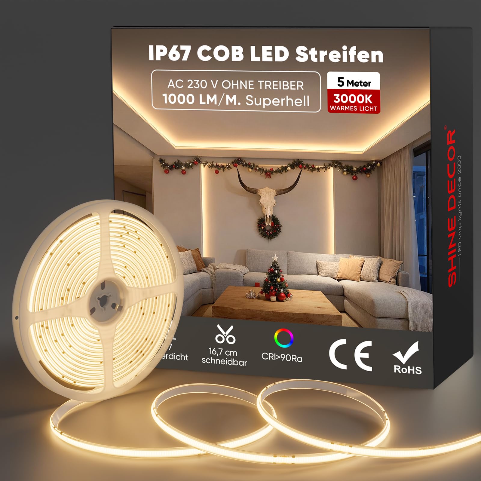 Shine Decor COB LED Streifen 5m, AC 230V IP67 Wasserdicht Flexible LED-Neon Lichterketten, 432 leds/m Ultrahelle Strip Light Band für Innen Außen Beleuchtung (3000K Warmweiß)