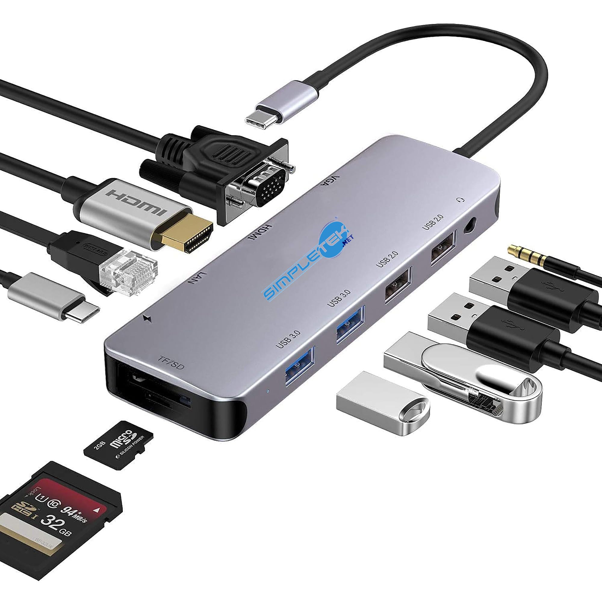 SIMPLETEK Adapter stacji dokującej USB typu C czytnik kart SD VGA HDMI LAN USB-C USB 3.0 USB 2.0 Audio Jack Hub USB Wielofunkcyjny 11 w 1