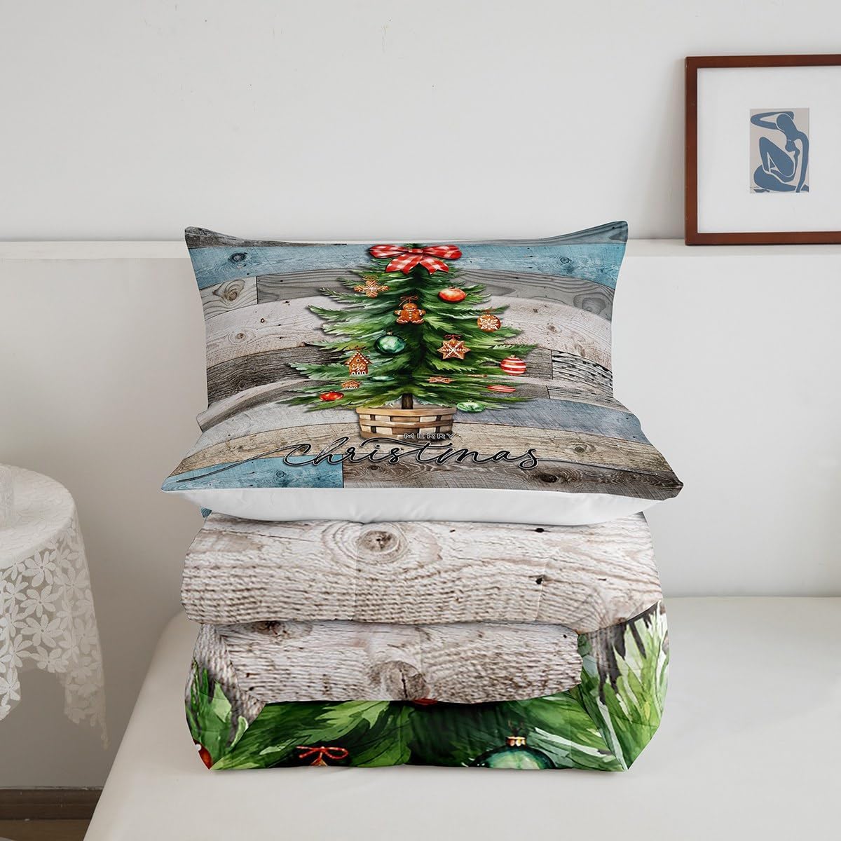 Christmas Trees Kids Comforter Set Queen Size,Old Wooden Plank Rustic Farmhouse Bedding Set,Girls Boys Adults Xmas Decor,Happy New Year Down Comforter,Blue Brown Retro Duvet Insert,2 Pillowcases