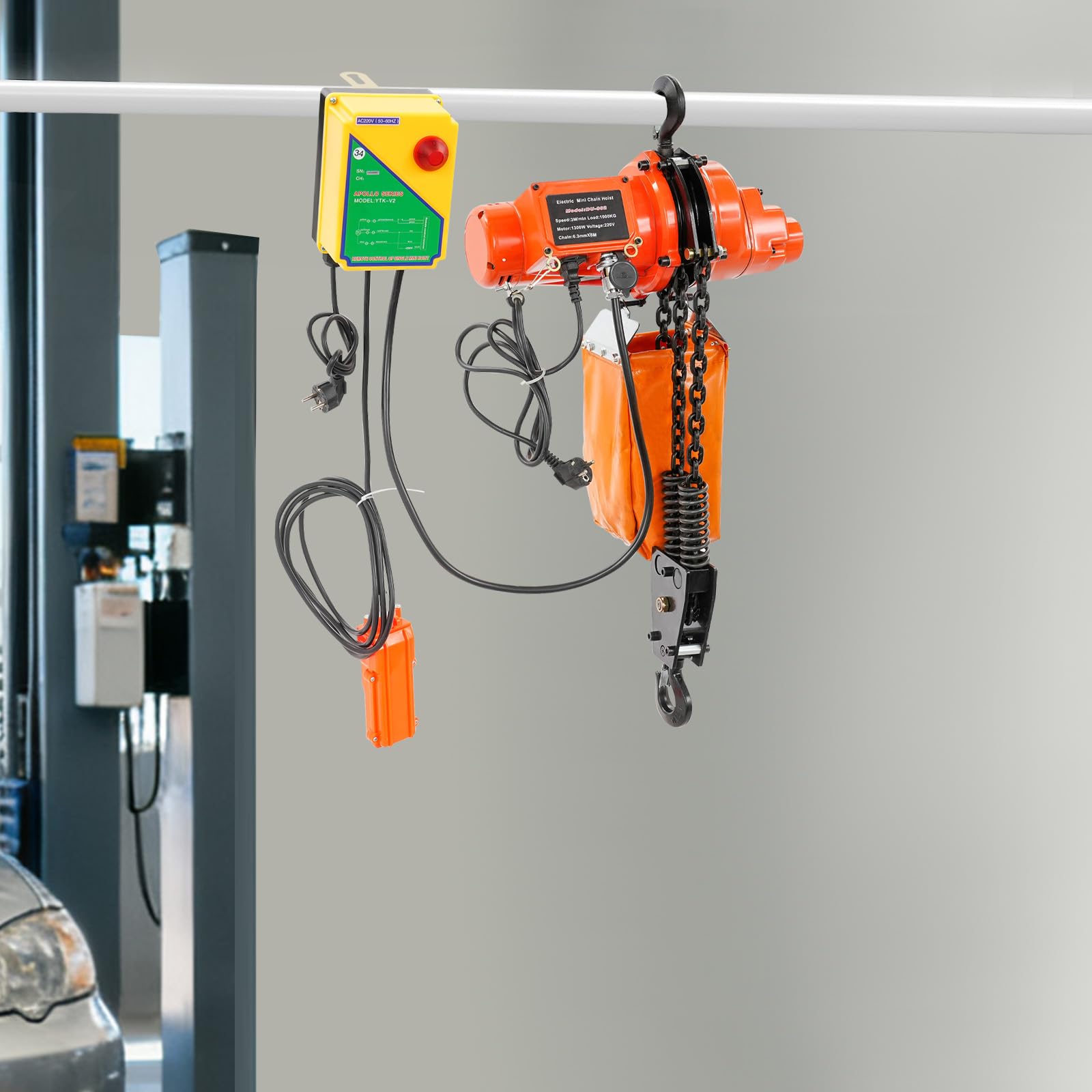 Elektrischer Kettenzug 1000kg, Hebezug mit Fernbedienung, 1300W, 6m Hubhöhe, 100m Kabellose und 4,5m Kabelgebundene Fernbedienung, Elektrische Seilwinde für Fabrik, Lager, Werkstatt (Rot+Orange)